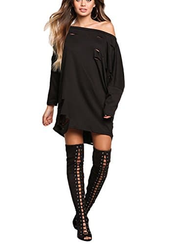Black Distressed Tunic Sweater Top-Black-S