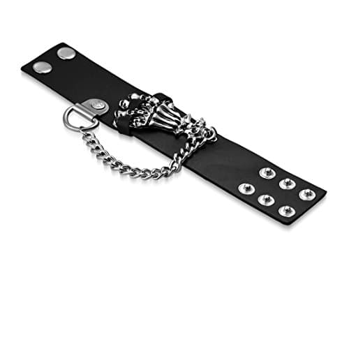 Genuine Black Leather Skeleton Bone Hand Skull Chain Link Snap Wristband Biker Bracelet Length: 8.8"