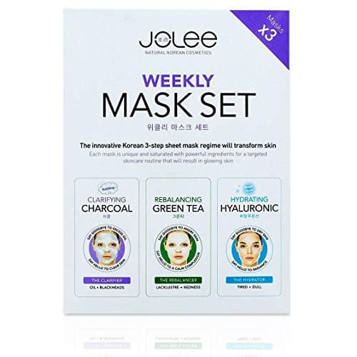 JoLee Weekly Face Sheet Mask Set 3 Pack, Black Charcoal Bubble – Green Tea & Collagen – Hyaluronic Acid Gel Facial Detox Kit for Deep Purifying, Revitalising, Moisturizing, Natural Korean Skincare