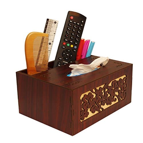 takefar Tissue box storage function dresser storage box wood retro style environmental protection materials four leaf grass pattern (Mahogany)