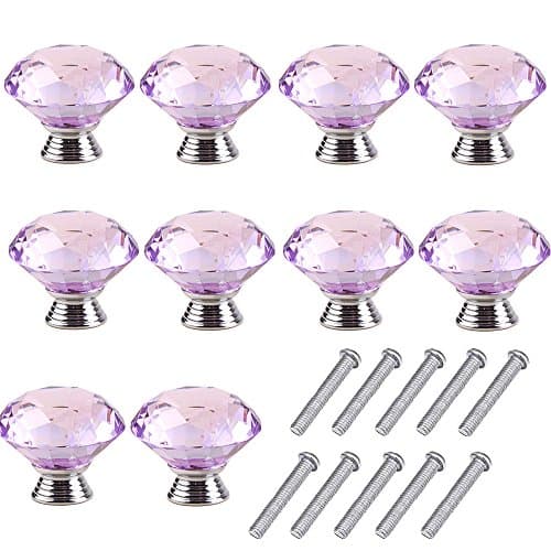 10pcs 40mm Glass Clear Cabinet Knob Drawer Pull Handle Kitchen Door Wardrobe Hardware Used for Cabinet, Drawer, Chest, Bin, Dresser, Cupboard, Etc (Purple)