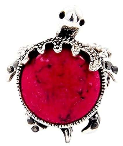 Turtle Stretch Ring D12 Red Stone Movable Parts Silver Tone Statement
