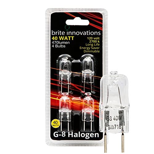 Brite Innovations G8 Halogen Bulb, 40 Watt (4 Pack) Dimmable Soft White 2700K -120V-Bi Pin -Q20, CL, T4 JCD Type, Clear Light Bulb