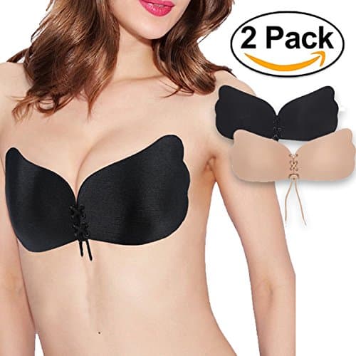Forever Spoiled Women's 2 Pack Strapless Self-Adhesive Invisible Push-up Bra, Black/Nude, Size D-Cup