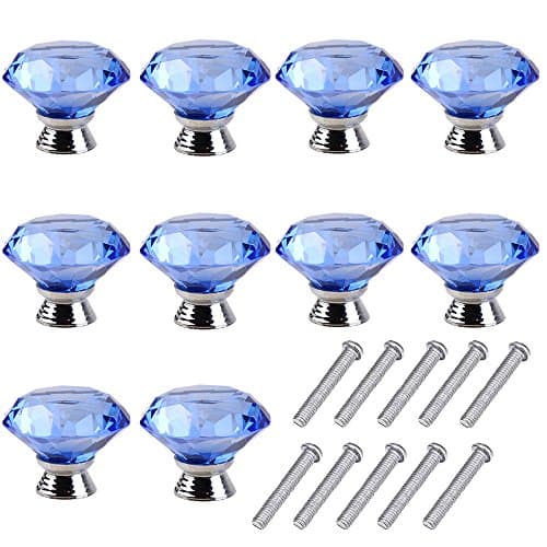 10pcs 40mm Glass Clear Cabinet Knob Drawer Pull Handle Kitchen Door Wardrobe Hardware Used for Cabinet, Drawer, Chest, Bin, Dresser, Cupboard, Etc (Blue)
