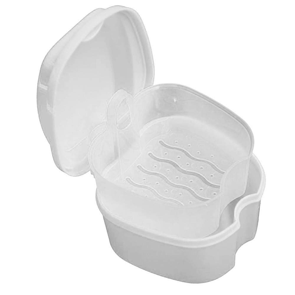 Ecurson Denture Case, Denture Cup with Strainer, Denture Bath Box Case Dental False Teeth Storage Box with Hanging Net Container for Travel, Retainer Cleaning