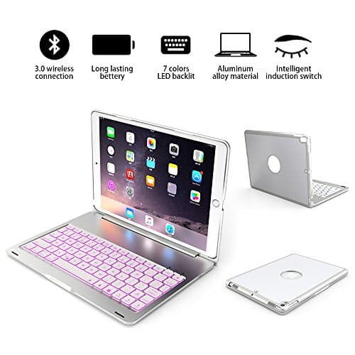 iPad pro 10.5 Bluetooth keyboard case, Wireless Bluetooth Keyboard Cover for iPad pro 10.5 inch(A1701/A1709), Fit Protective Hard Shell Case 7 Colors LED Backlit, thin / light / portable (Silver)