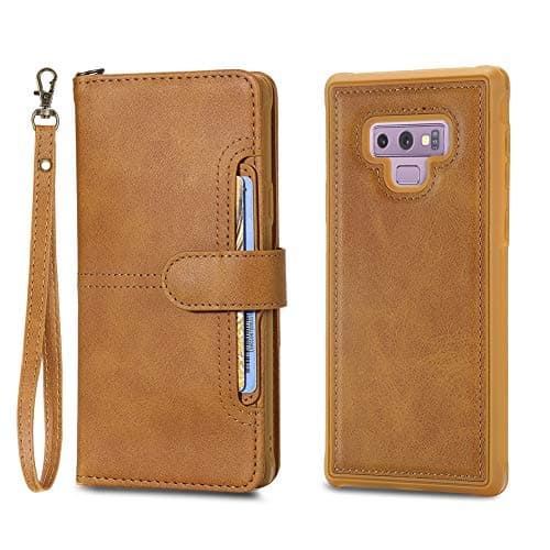 Galaxy Note 9 Case [2 in 1] Samsung Galaxy Note 9 Wallet Flip Case with Detachable Slim Back Cover Vegan Leather Magnetic Kickstand Pouch Case Active ID/Card Slot Holder (Brown, Galaxy Note 9)
