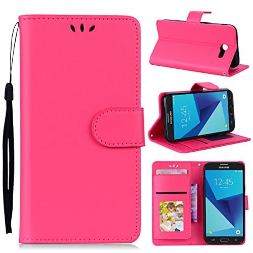 Samsung Galaxy J7 2017 Case,[Wrist Strap] Flip Folio Leather Wallet Case with Card Holders Protective Cover For Galaxy Halo/J7 2017/J7 V/J7 Sky Pro/J7 Perx/J7V 2017/J7 Prime (Red)