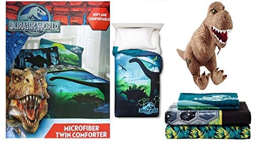 5 Pc Jurassic World Twin Bedding Bundle Comforter Sheet Set and T Rex Plush Sleeping Buddy Toy Included