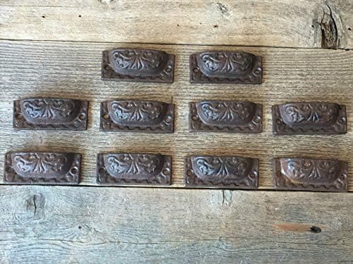 10 CAST Iron Brown 3" Ornate PULLS Drawer Cabinet BIN Handles Rustic Vintage