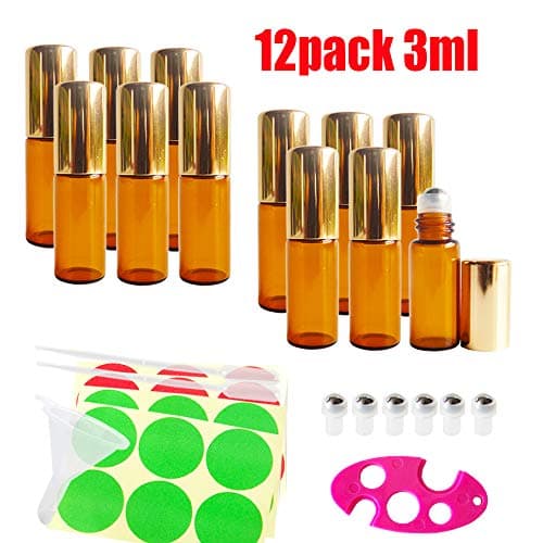 GreatforU 12 Pack 3ml Empty Amber Glass Roll-on Bottles for Essential Oil Perfume Sample, w/free 2x 0.5ml Droppers, Mini Funnel, Bottle Opener, Extra 6 Stainless Steel Roller Balls, 24 Piece Labels