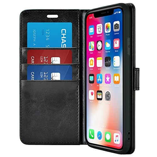 iPhone X/iPhone 10 Case, caseen OTTIMO Apple iPhone X/iPhone 10 Wallet Case Cover [Synthetic Leather][Kickstand][Card Pocket] Slim Cash Card Case Cover for Apple iPhone X/iPhone 10 (Black)