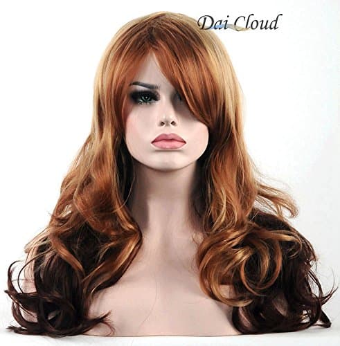 Dai Cloud Long Big Wave Dark Brown Mixed Blonde Highlight Ombre Synthetic Wigs with Long Side Bang Natural Heat Resist Wig for Women With a Free Wig Cap