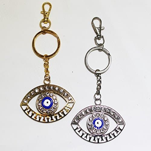 Evil Eye Key Chains. Elegant Gold and Silver Protection Key Rings. Set of 2 Keychains.