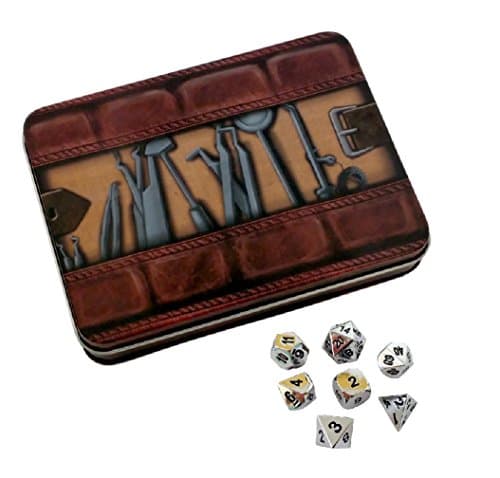 Skull Splitter Dice - Thieves' Tools with Shiny Chrome | Silver Color with Black Numbering Metal Dice - Solid Metal Polyhedral Role Playing Game (RPG) Dice Set (7 Die in Pack) with Dice Case
