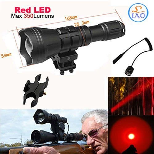Hunting Flashlight RED LED 300 Yards Long Range Rechargeable Hog Coyote Fox Varmint Lamp Torch Zoomable Cree Led 350lumens Tactical Switch Rail&amp;barrel Mount (RED)