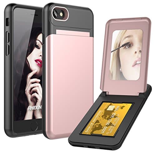 iPhone 8 Case, iPhone 7 Case, Rhidon Hidden Back Mirror Wallet Case with Crad Holder Feature Shockproof Protective Cover for Apple iPhone 7 / 8 (Rose Gold)