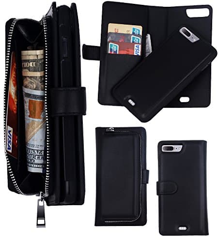 Eloiro iPhone 7 Plus Wallet Purse Case, Protective Leather Cover Multifunctional Magnetic Detachable Flip Holster Carrying Case with Card Holder and Zipper Cash Compartments for iPhone 7Plus Black
