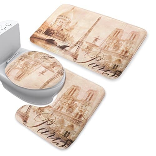 JILLBAN 3PCS Bath Mat Set Eiffel Tower Flannel Mat Set Toilet Cover Non Slip Bathroom Carpet Rug (3)