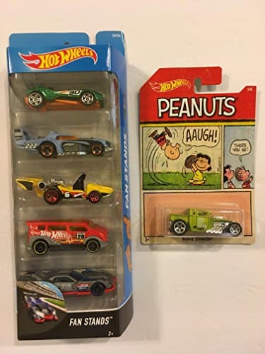 Hot Wheels "FAN STANDS" 5 pack: Carbonic (green), Two Timer (gray), Let's Go (yellow), Speedbox (red), and GT Hunter (gray) &amp; BONUS: Peanuts Bone Shaker (CHARLIE BROWN 1/6)