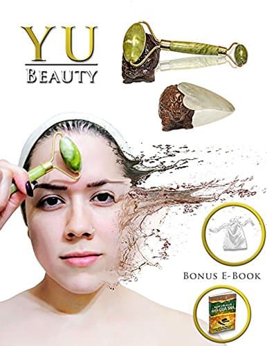 Jade Roller and Gua Sha Face Tool Massage Set | Dual Quartz Stone Facial Chi Massager By Yu Beauty