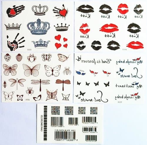 Long last realistic temporary tattoo stickers combination 5pcs/package different designs, it includes barcodes/colorful black and white butterflies/dragonflies/beetles/black and red lips/crown/red heart/hand/etc.
