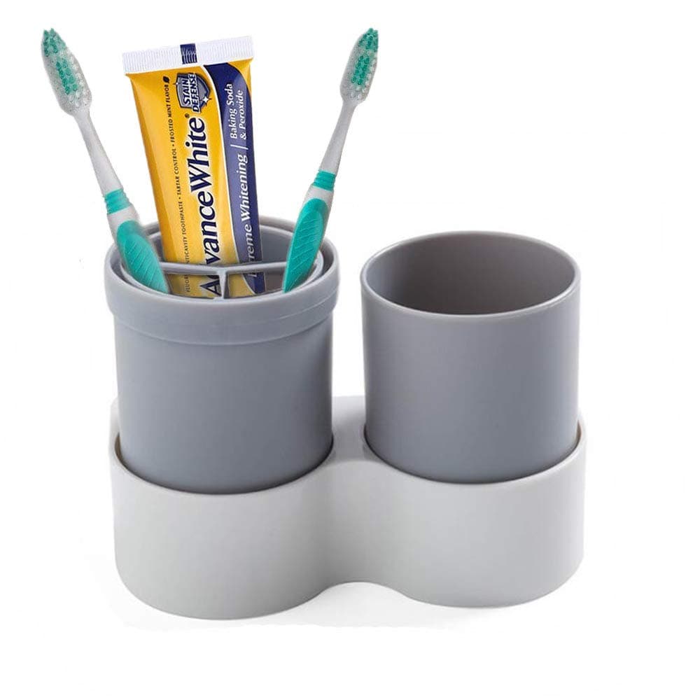 Wall-Mounted Toothbrush Holder WEKITY Portable Multi-Function Portable Toothbrush Cup Set for Home, Also for Outdoor Travel, Waterproof Strong Traceless Sticker - No Drill or Nail Needed (Grey)