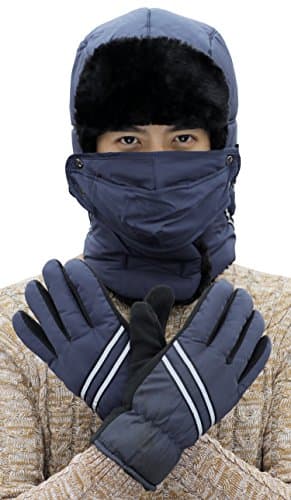 Trooper Trapper Hat With Warm Gloves Winter Hat Ear Flap Windproof Mask For Men Women Hunting Hat Aviator Cap Hat (navy blue)