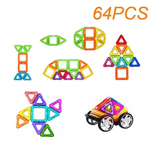 Magnetic Blocks Stack Toys - 64 Pieces Set Kids Construction Double Sided Building Blocks Set for Creativity Educational , Includes Wheels &amp; Carrying Case for Building Cars