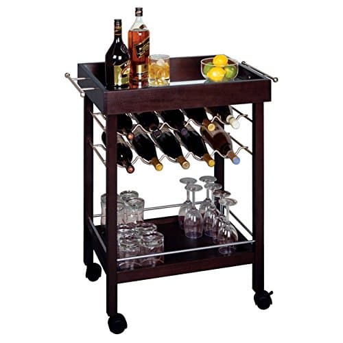Kitchen Bar Serving Cart on 4 Caster Wheels & Lower Shelf Storage w/ Rack to Hold Alcohol up to 10 Bottles of Wine