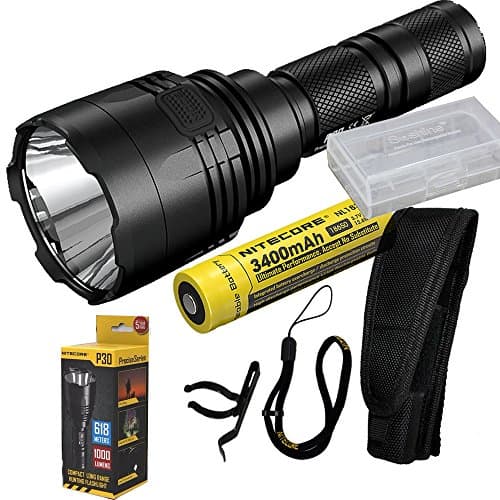Nitecore P30 1000 Lumen 676 Yard Long Throw LED Flashlight with 3400mAh 18650 battery,Holster, O-ring, Lanyard, Switch cover, Clip,Tactical ring, CR123 battery magazine