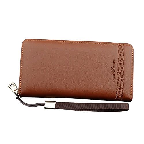 iVotre Functional Wallet Long for Men, PU Leather with Embossed Pattern, Multi-Card Slots with Wrist Strap, Brand New Zipper Purse for Business - Camel