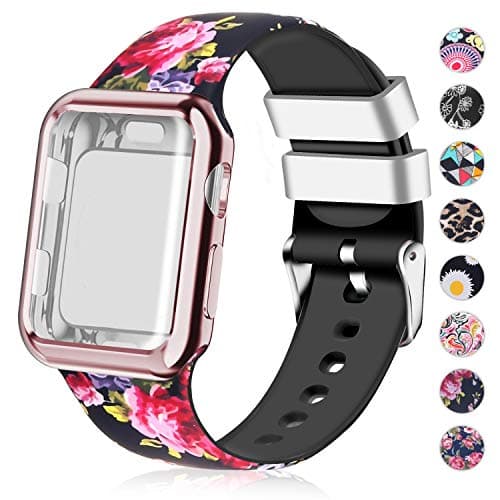 Compatible for Apple Watch Band with Screen Protector Case, Soft Silicone Sport Wristband for Apple Watch iwatch Series 3 2 1 (38mm,Rose)