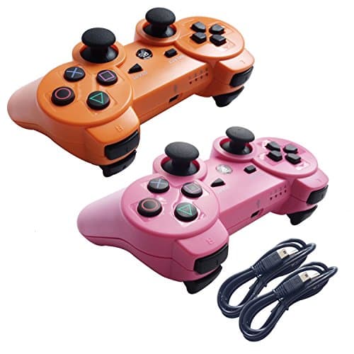 Tevodo 2 Packs Wireless Bluetooth Controllers For PS3 Double Shock - Bundled with USB charge cord-Orange and Pink