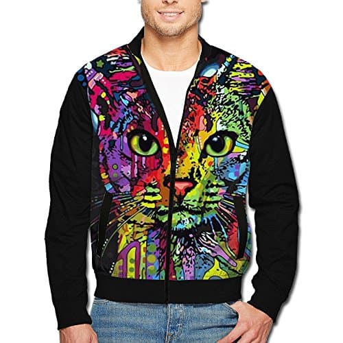Men's Print Zip Front Jacket Psychedelic Sphinx Cat Stand Collar Baseball Bomber Jacket Sleeve Coat