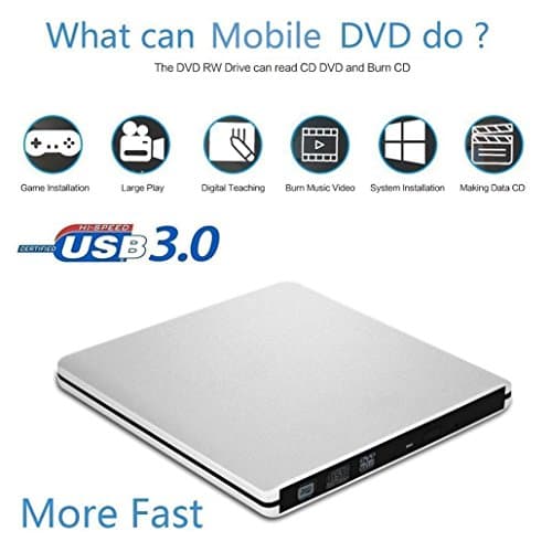 Geelyda External DVD Drive USB 3.0 Super Slim DVD Rewriter External DVD Writer Burner CD DVD RW DVD ROM Drive for Apple Macbook, Macbook Pro or other Laptop/Desktops, Aluminium Alloy Silver