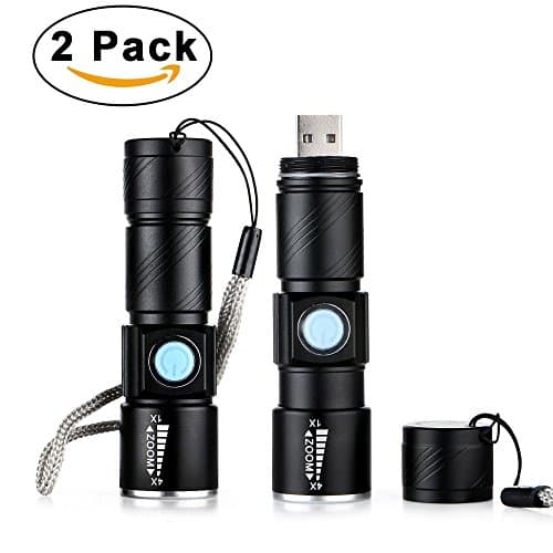 350 Lumen Ultra Bright USB Flashlight Tactical Flashlight Light with 3 Modes &amp; Zoom Function Torch (2Pack) (Black)