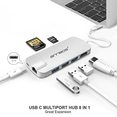 USB-C Hub AnnBos 8 in 1 Type C Hub , HDMI Port USBC Charging Port 2 USB 3.0 &amp; 1 USB 2.0 Ports, SD &amp; MicroSD Card Reader Gigabit Ethernet for MacBook Pro 2016/2017 more Type-C Devices (Silver)