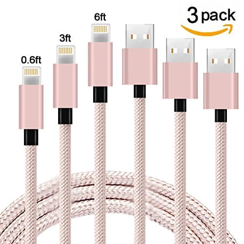 iPhone Charger-[3 Pack 0.6/3/6(Ft)] Nylon Braided Lightning Cable USB Charger for iPhone 7/7 Plus,6S/6S Plus,5/5S/SE,iPad 9.7,Mini1/2/3,Air/Air,iPad Pro,iPod (Pink/Gray)