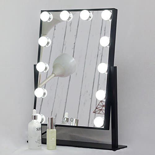 Aoleen Hollywood Makeup Vanity Mirror with Light Dimmable Lighted Tabletop Mirror with LED Bulbs Two Kinds of Light Color Conversion (Glossy Black)