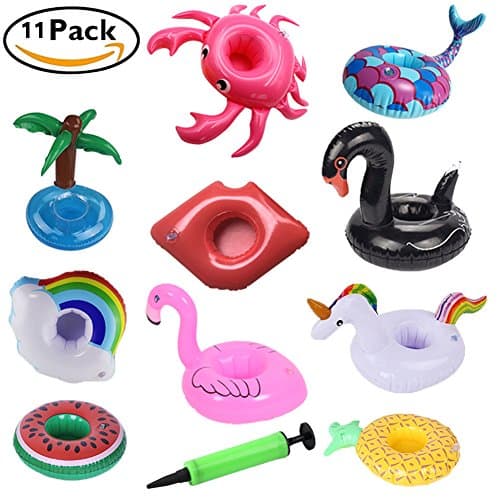 SECOWEL 10 Pack Inflatable Drink Holders + 1 Pack Hand Air Pump, Floatable Coasters of Flamingo Unicorn Swan Watermelon Pineapple etc, Float Your Drinks in Pool Party