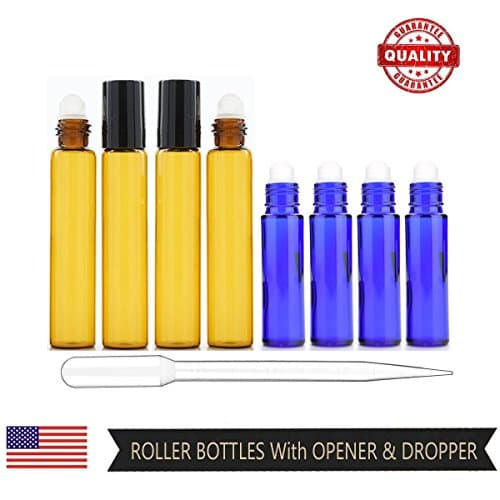 Roller Bottles Roll On Bottles with Glass Roller Balls for Essential Oils Perfume Wax Lip Balm Deodorant, AGAINST UV RAYS & NEVER LEAK, set of 8, 10ml & 5ml, WITH FREE OPENER & DROPPER, Amber & Blue