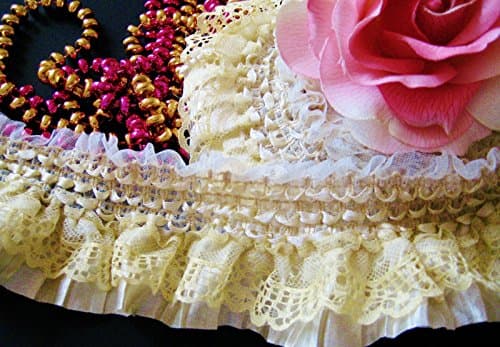 3" Wide Deep Beige Sequin Double Layer Ruffled Lace Ruffle Trimming Gingham Elastic Trim Ruffle Ribbons DIY Decorating 1 Yard