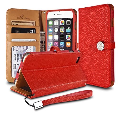iPhone 6s (4.7) Cases, iPhone 6 (4.7) [Snow Fairy] Flip Cover Case [Premium Genuine Leather Kick Stand Wristlet][Card Holder][Wallet] - [Leather Fit][Wrist Strap] Bull Leather Case Red