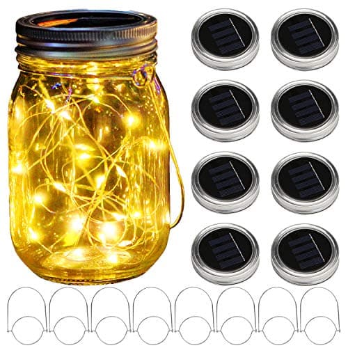 KZOBYD 8 Pack Solar Mason Jar Lid String Lights with 8 Handles,10 LED Fairy Starry Firefly Lights Kit Hanging for Outdoor Indoor Patio Wedding Decor(Jars Not Included) (Warm White)