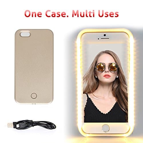 iPhone 6 6s Plus LED Light Up case, Walnut LED Selfie Case for Selfies/Make-Up/Videos/Flashlight/Facetime, Protects Phone &amp; includes Charger For iPhone 6 Plus/6S Plus-Champagne Gold