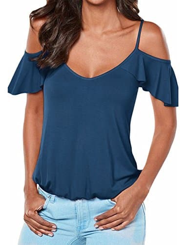 LANROON Women's Summer Soft Ruffle Sleeve Straghetti Strap Deep V Tunic Tops