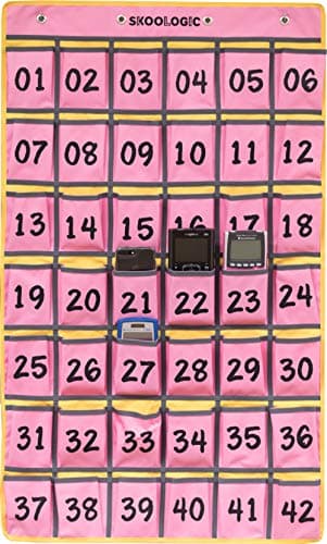 Cell Phone Pocket Holder for Classroom - Skoologic Numbered Chart Caddy Organizer for Cellphone and Calculator for Hanging Wall and Door (Pink, 42)