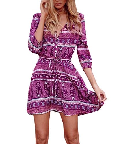 Pofachawis Womens Drawstring V Neck Roll Sleeve Button Down Boho Dresses Rosered M